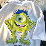 Korean Super Cute Monster Embroidery Cartoon T Shirts Kawaii Teens Oversized Black White Punk Goth Tops Summer Large