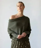 Autumn Winter Sweaters Full Sleeve Women Tops Solid Slash Neck Casual Loose Knitted Pullovers Regular Slim Fit Splice-Outfit