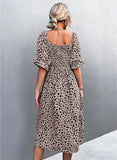 Sweet Square Collar Puff Sleeves Leopard Print Fit and Flare Holiday