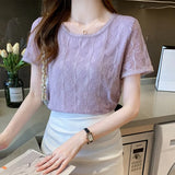 Women Blouse Short Sleeve O-Neck Hollow Lace Blouse Shirt Blouse Women Blusas Mujer De Moda 2021 Blouses Top Femme