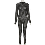 Leopard Print Mesh Skinny Jumpsuit Women One Shoulder Sleeveless Patchwork Fitness Party Activewear Basic Wild Female