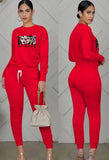 Casual Sports Cartoon Printed Ruched Bloused And Matching Dtrawstring Pants Two Piece