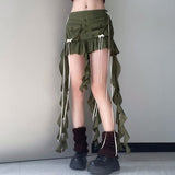 Women's Y2K Summer Chic Ruffled Mini Skirt with Long Ribbon Straps Low Waist Bowknot Aesthetic Short Pleated Skirts-Outfit