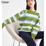 Women Sweaters 2022 Winter Long Sleeves O Neck Loose Knit Cardigan Blue Green White Stripe Warm Chic jacquard
