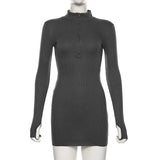 Knited Long Sleeves Dress Women Zipper Turtleneck Autumn Winter 2021 Y2k Clothes Rib Elegant Bodycon Mini