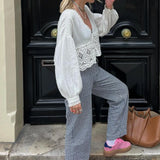 Women's Y2K Vintage Summer Casual Ankle-Length Pants Plaid Drawstring High Waist Straight Leg Trousers Daily Wear-Outfit