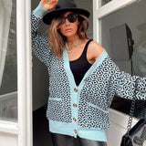 Free Shipping V-Neck Lantern Long Sleeve Cardigan Women Knitted Printed Oversized Sweater 2022 Fall New Single-Breasted