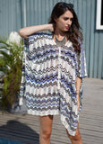 Vacation Blue Stripes V Neck Loose Crochet Knitted Beach