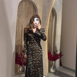 New Women's V-Neck Print Long Sleeve Open Fork Thin Waist