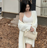 Korean Autumn Winter Mink Cashmere Knitted 3 Piece Set Women V-Neck Long Sleeve Cardigan Coat+Sexy Vest+Mini Skirt