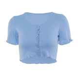 2022 Hot Sale Sexy Women Cardigan Summer T-Shirt Short Sleeve Ruffle T-Shirt Clubwear Buttons Bodycon Frilly Solid Color