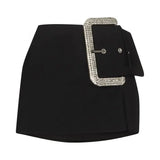 Black Patchwork Diamond Skirt For Women High Waist Irregular Hem Solid Mini Skirts Female Summer Clothing Style