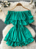 Ruffled Elastic Solid Mini Dress Chic Women Summer 2022 Slash Neck Ruched Elegant Vacation Ladies A Line Beach