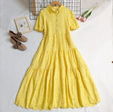 VAREY LIN New Summer Women Casual High Waist Single Breasted Vintage Dress Sweet Turn-down Collar Hollow Out Embroidery