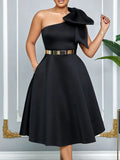 Large-Size Women's Summer New Fashion Slanted Shoulder Bow Banquet Dress African