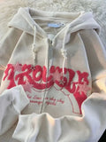 Women Letter Embroidery Hoodies Autumn Winter Retro Zipper Long Sleeve Loose Jacket Coats Y2K Harajuku Casual Hooded Sweatshirts 703-1-Outfit