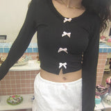 Multi Cute Bow Single-breasted Knitted Top Y2K Lace Trim Solid Japanese Lolita Style Cropped Tops Sweet T-shirt Tees New-Outfit
