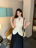 Xixi 2025 Summer New Thin Temperament With Pure Color Kinky Sky Silk Shirt Small Vest Top