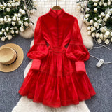 Court Lantern Sleeve Dress Girl Spring Hook Flower Embroidery Design Famous Light Luxury Royal Sister Temperament