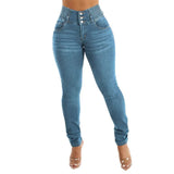New High-Rise Elastic Jeans Female Fat Mm Buckle Abdominal Pencil Pants Slim High Thin