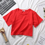 Summer Short Sleeve T Shirts Women Cotton Solid T-shirt O Neck High Waist Crop Top Tee Female Casual Loose T Shirt-Outfit