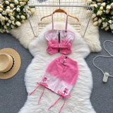 Drawstring Women Denim Strapless Set Backless Summer 2022 Zipper Sashes Camisole A Line Skirt Fashion Two Piece