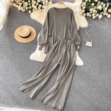 Chic Autumn Winter Women Korean Set Design Casual Loose Irregular Tops+High Waist Wide Leg Long Pants Two Piece