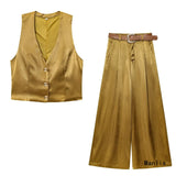 New Gold Button-Up Silk-Sense Blouse 7484091 Belt Silk-Sense Wide Leg Trousers