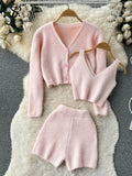 Fashion Solid Women Knit Suits Single Breasted V Neck Cardigan+Mini Camis+Slim Short Pants Sweater Three Piece