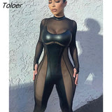 Patchwork Long Sleeve Jumpsuit Women Black Mesh See Through Sexy Rompers Jumpsuits 2022 High Street Overalls