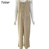 Women Solid Color Button Pockets Cotton Linen Jumpsuit Bib Overall Dungarees Women Casual Long Harem Overalls
