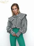 Fashion Woman Blouses 2022 Autumn Doll Collar Long Sleeve Office Lady Shirts Elegant Loose Lattice Tops Female