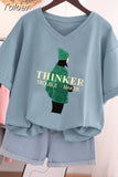 100% Cotton L-5XL Plus SizeT Shirt Short Sleeve Cartoon Tshirt Women Top Summer Sweet Couple V Neck Oversized T