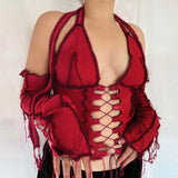 8 Colors Sexy Hollow Out Women Long Sleeve Crop Tops Striped Patchwork Drawstring Ribbed Bandage Fitness