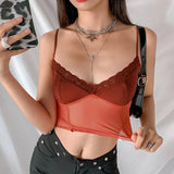 Tank Top Lace Y2k Tops Women See-Through V Neck Aesthetic Crop Tops Bodycon Sleeveless Club Soft Mesh Shirts