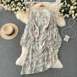 Autumn Bohemian Women Floral Drawstring Irregular Dress Female Elegant O-Neck Puff Sleeve Ruffle Vestidos Elegant Draped