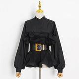 Solid Casual Shirt For Women Stand Collar Long Sleeve Patchwork Sashes Fold Pleated Shirts Female 2022 Spring