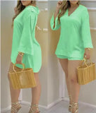 Summer Casaul Women Home Wear Solid Suit Sets Long Sleeve Plain Bell Sleeve V-Neck Top & Pants