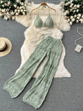 Women Summer Knitted Set Halter Short Tops+ Hollow Wide Leg Long Pants Sets Shell Beach Sexy Backless Two Piece