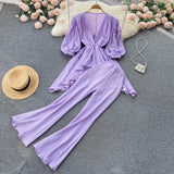 Summer Women 2 Pieces Set Purple/Green/White Elegant V-Neck Puff Short Sleeve Irregular Tops + High Waist Pants Vintage Suit