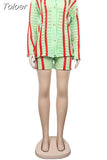 Striped Knitted Lapel Long Sleeve Single Breasted Tops and Shorts Two Piece Sets Womens Outfits Autumn 2023