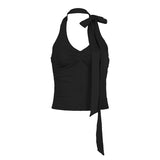 Girl Style Low-Cut V-Collar Pleated Tie Rope Sling Vest With Exposed Back Sexy Tight Top-Outfit