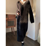 Winter Elegant Knitted Midi Dress Women Pure Color Y2k Clothing Faux Fur Sweater Dress Chic One Piece Dress Korean