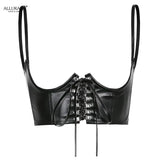 Sexy PU Leather Goth Punk Lace-Up Bandage Black Bustier Women Corset Streetwear Underbust Support Braces Shaper