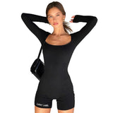 Graduation party Black Jumpsuit Women Rompers Playsuits Solid Long Sleeve Tops High Waist Butt Lift Shorts Homewear Sexy Jumpsuit Womens