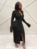 Summer Streetwear Clothes Bodycon Dress For Women 2022 Long Sleeve Buttons Knit Dress Green Black Party Maix Dress
