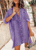Women Blouse Loose Long Sleeve Shirts Button Down Mini Dress Leopard Printed Oversized Vestidos Casuales Beach