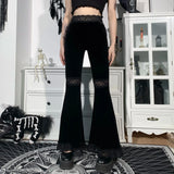 Goth High Waist Flared Pants Aesthetic Sexy Lace Patchwork Women's Pants Vintage Elegant Velvet Christmas Trousers-Outfit