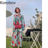 Autumn Winter New Women 2 PCS Sets Korean Sweet Chic Turn-Down Collar Print Shirts and Pleated Chiffon