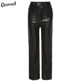 Y2K Fashion Women Summer Faux Leather Straight Pants Luxurious Vintage Leisure PU Loose Office Lady Slim Design